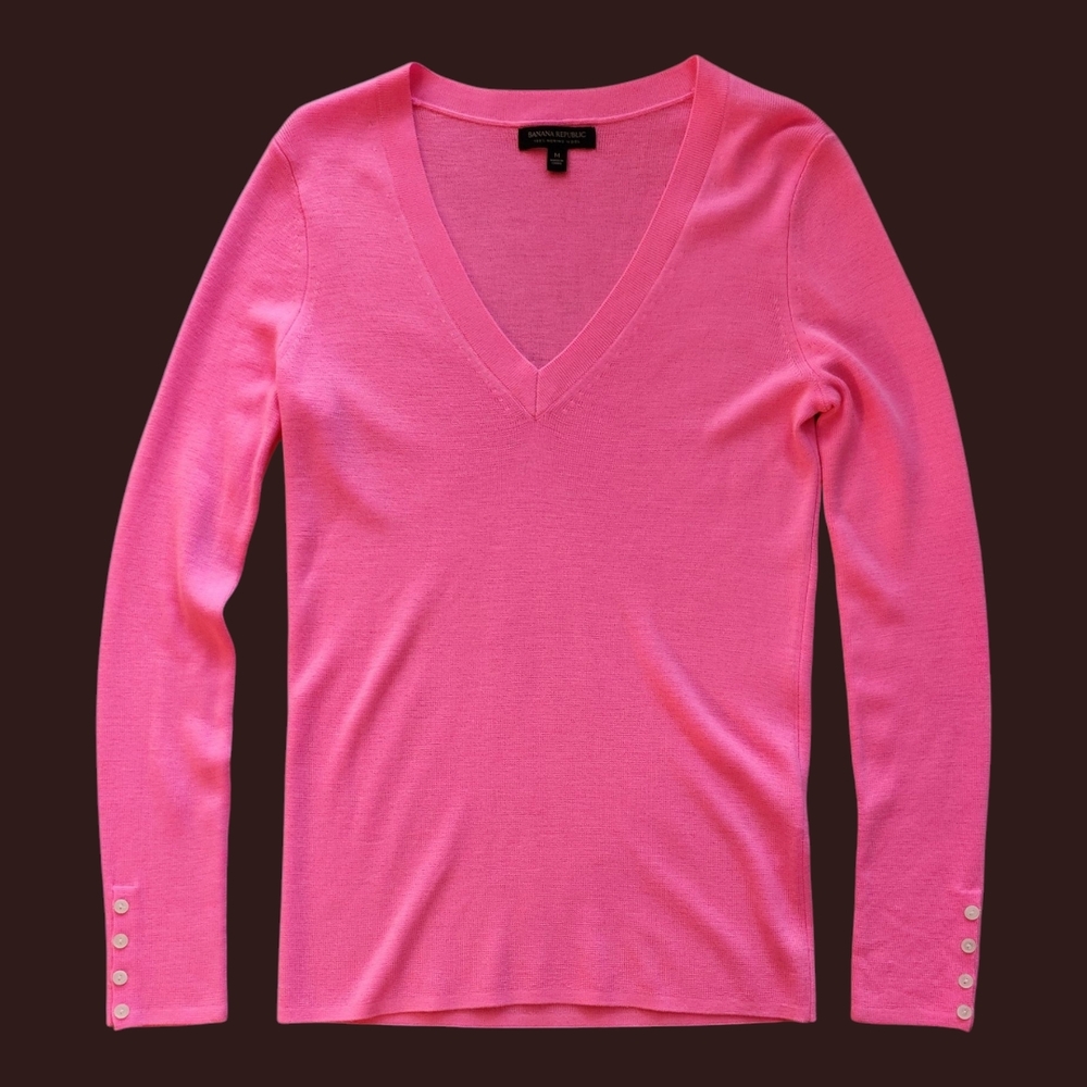 Neon Pink Long Sleeve V-Neck Sweater